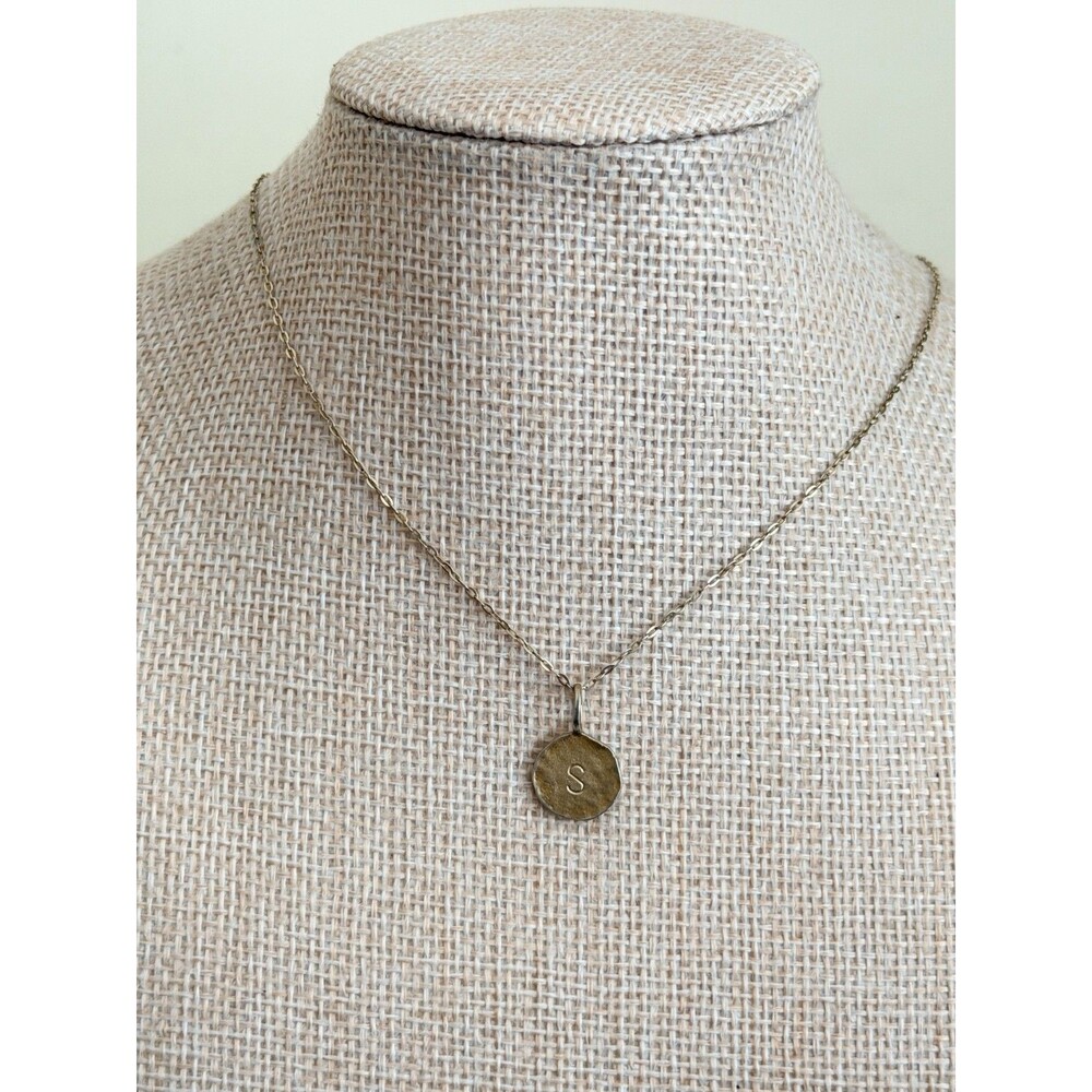 925 Sterling Silver Hammered Initial Letter S Disc Pendant Necklace 18" Italy